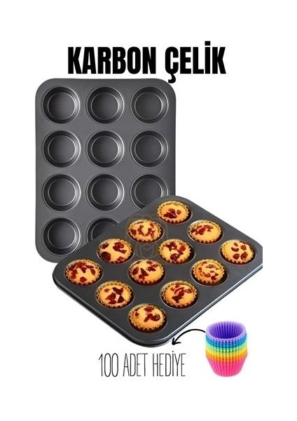 12 Li Muffin Kalıbı Teflon Çelik 100 Muffin Kağıtlı