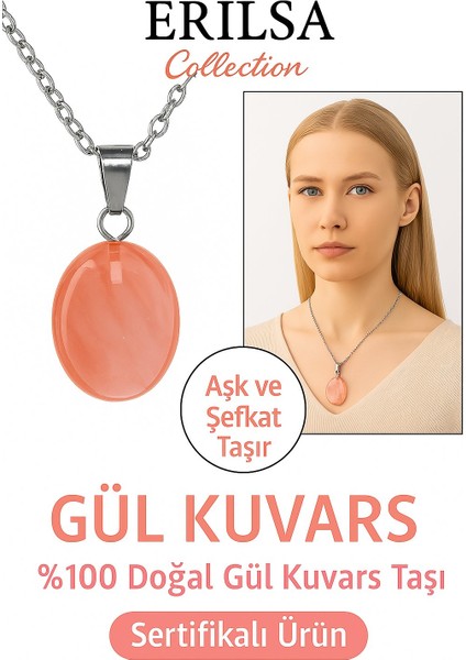 Sertifikalı Gül Kuvars Taşı Doğal Taş Kolye Gümüş Aparat Kalbi Yumuşatır Sevgi Enerjisini Güçlendir