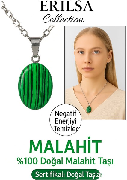 Sertifikalı Malahit Taşı Doğal Taşı Kolye Gümüş Aparat Ağrıları Hafiflet ve Negatif Enerjiyi Yok Et