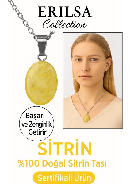 Sertifikalı Oval Sitrin Taşı Doğal Taş Kolye – Bolluk ve Bereket Enerjisiyle Hayatına Işık Katar