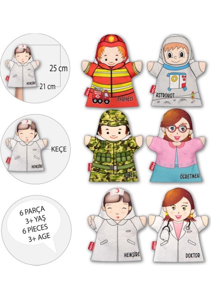 6 Parça Tox Meslekler El Kukla Set , Eğitici Oyuncak