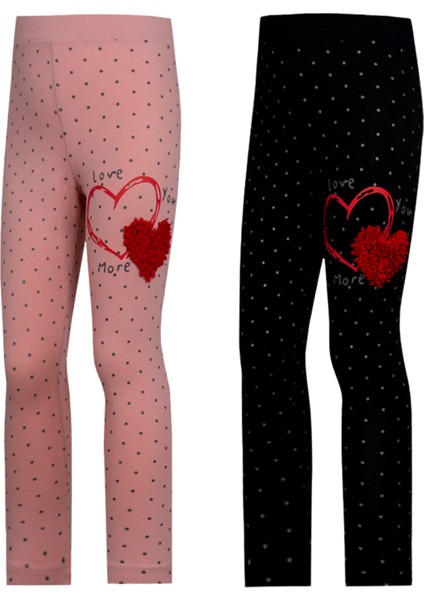 Kız Çocuk 2'li Love You More Beli Lastikli Normal Bel Kalp Desenli Düz Paça Pamuklu Tayt