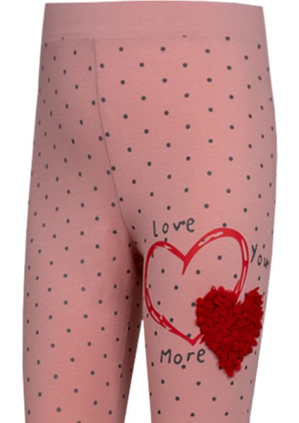 Kız Çocuk 2'li Love You More Beli Lastikli Normal Bel Kalp Desenli Düz Paça Pamuklu Tayt