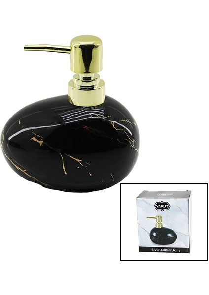 Yatay Tombul Siyah Mermer Desen Seramik Sıvı Sabunluk Gold Kapak (4604)