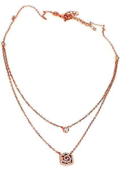 Gül ve tek taş detaylı italyan tasarımı 925 ayar gümüş lüks ikili kolye