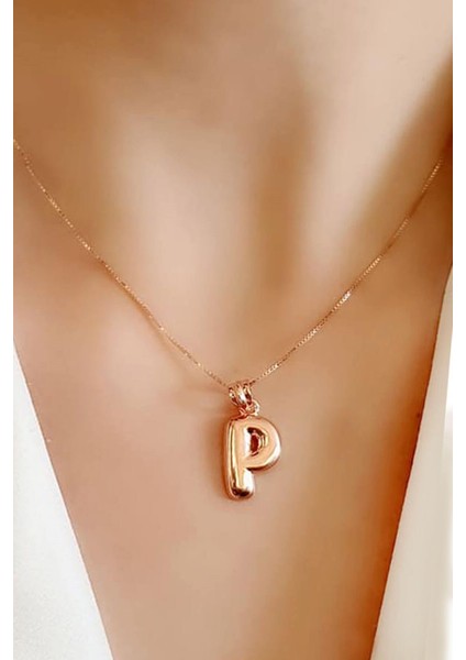P harfi 925 ayar gümüş rose bombeli harf kolye