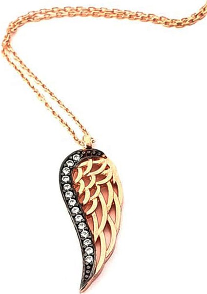 Elmas Isciliginde Zirkon Taşlı Minimal Melek Kanadı Figurlu Gümüş Rose Kolye