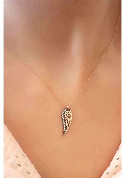 Elmas Isciliginde Zirkon Taşlı Minimal Melek Kanadı Figurlu Gümüş Rose Kolye
