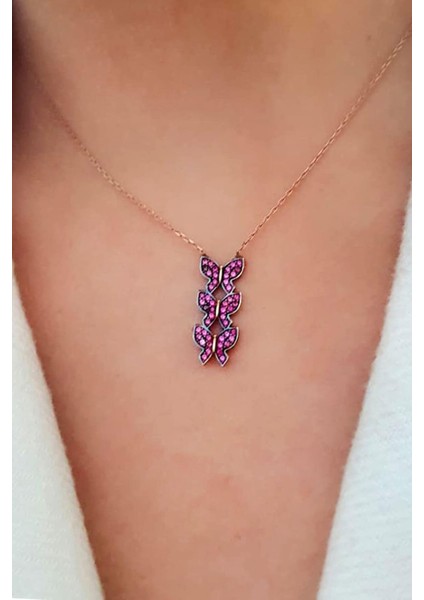 Pembe Zirkon Taşlı Gümüş Rose Kolye