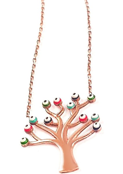 Nazar boncuklu hayat ağacı figürlü gümüş üzerine rose altın kaplama kolye