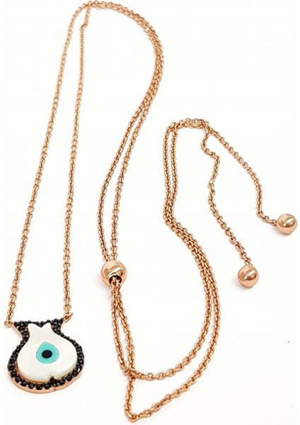 Oniks tas detayli nar figurlu nazar boncullu sedef ayarlanabilir asansorlu kolye