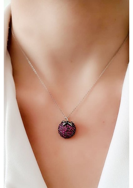 Pembe zirkon tasli çilek figürlü gümüş tasarım kolye