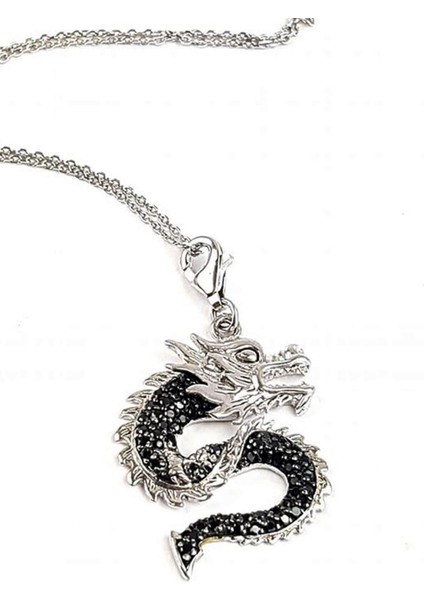 Oniks ve zirkon taşlı ejderha figürlü Gümüş Kolye