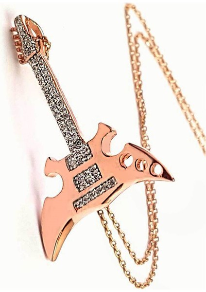 Zirkon Taşlı Gümüş Üzerine Rose Altın Kaplama Elektro Gitar Kolye