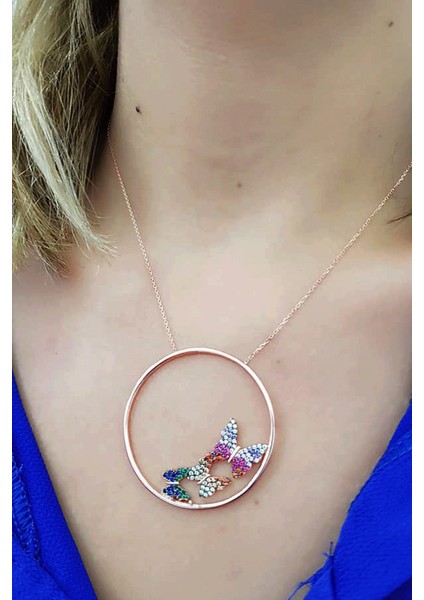 Kelebek Figürlü Gümüş Rose Kolye