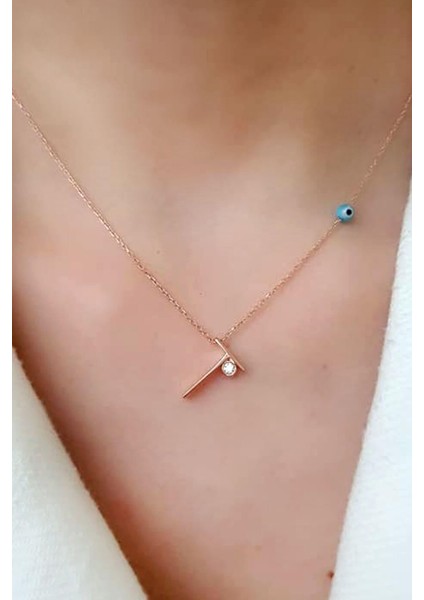 Nazar Boncuklu ve Zirkon Taş Detaylı Gümüş Rose T Harfi Kolye fiyatları
