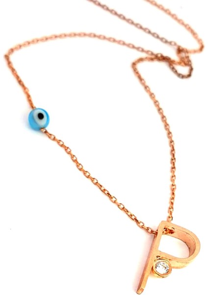 Nazar boncuklu ve zirkon taş detaylı gümüş rose p harfi kolye