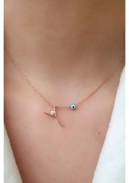 Nazar Boncuklu ve Zirkon Taş Detaylı Gümüş Rose Y Harfi Kolye