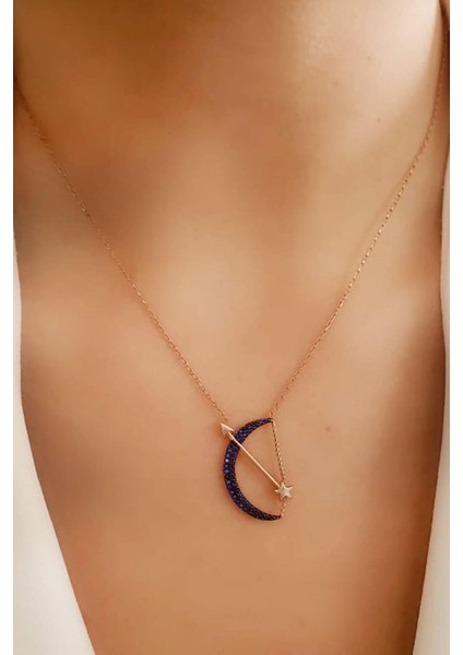 Modern lacivert zirkon taşlı gümüş rose ay yıldız kolye