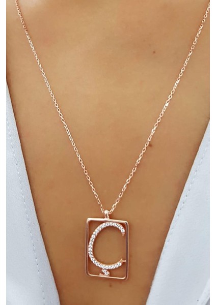 Ç Harfi Zirkon Taşlı Gümüş Rose Kolye