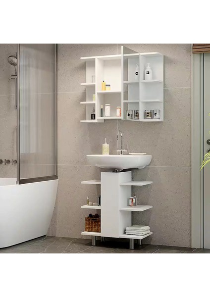 Modern Beyaz Lavabo ve Aynalı Dolap Takımı – Açık Raflı Minimalist Tasarım