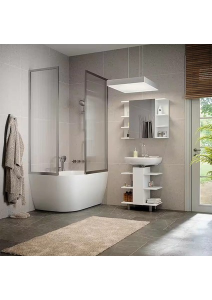 Modern Beyaz Lavabo ve Aynalı Dolap Takımı – Açık Raflı Minimalist Tasarım