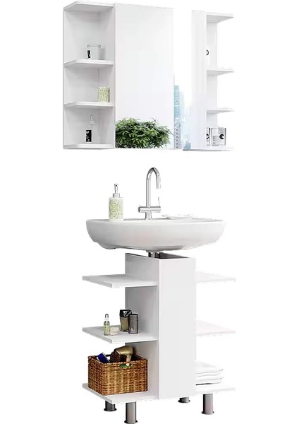 Modern Beyaz Lavabo ve Aynalı Dolap Takımı – Açık Raflı Minimalist Tasarım