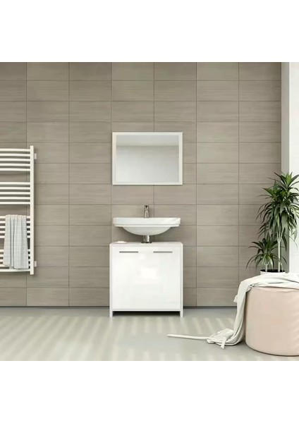 60 cm Beyaz Aynalı Banyo Dolabı Seti – Parlak Sunta, Modern Tasarım