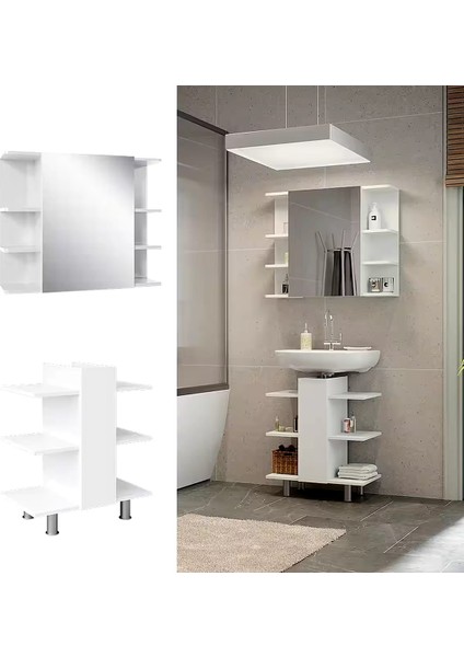 Modern Beyaz Lavabo ve Aynalı Dolap Takımı – Açık Raflı Minimalist Tasarım