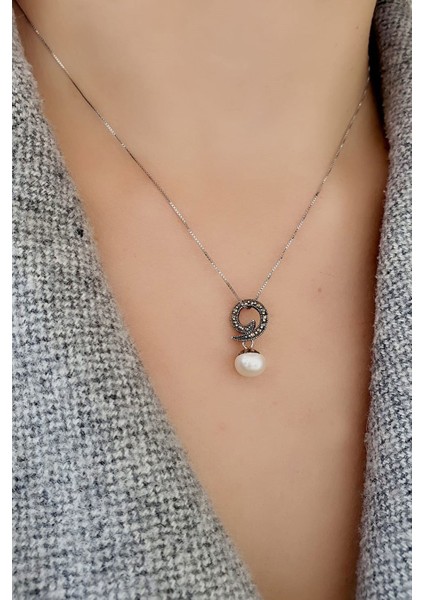 Markazit Taş Detaylı 925ayar Gümüş İnci Kolye