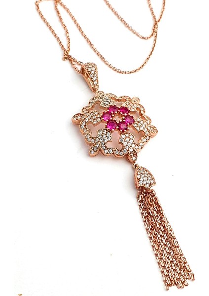 Zirkon Taşlı 925AYAR Gümüş Rose Tasarım Lüks Kolye