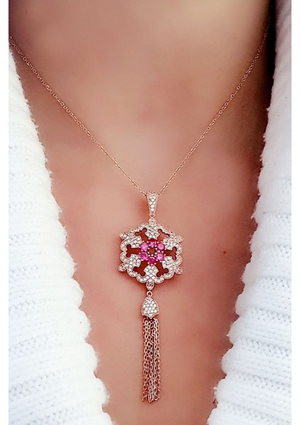 Zirkon Taşlı 925AYAR Gümüş Rose Tasarım Lüks Kolye fiyatları
