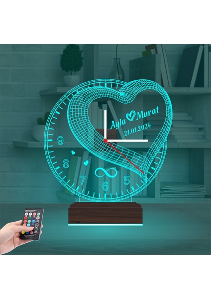 Kirppi 3D Saat Lamba Sevgiliye Hediye Kalp Sonsuzluk Yıldönümü Kişiye Özel Masa Gece Lambası modelleri