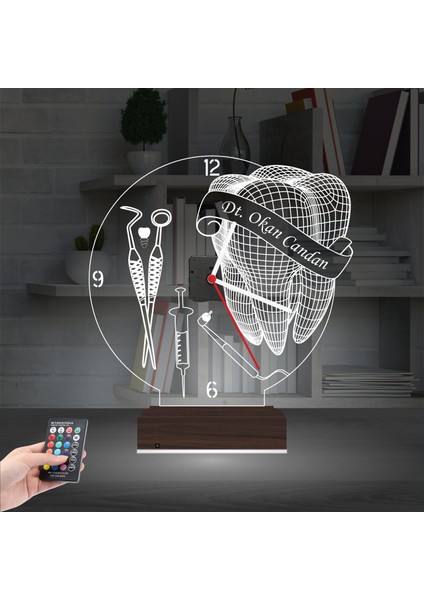 Kirppi 3D Saat Lamba Diş Hekimi Diş Doktoru Dr Kişiye Özel Masa Gece Lambası