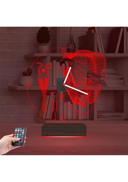 Kirppi 3D Saat Lamba Diş Hekimi Diş Doktoru Dr Kişiye Özel Masa Gece Lambası