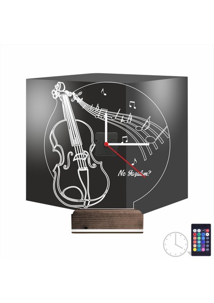 Kirppi 3D Saat Lamba Keman Müzik Nota Kişiye Özel Masa Gece Lambası