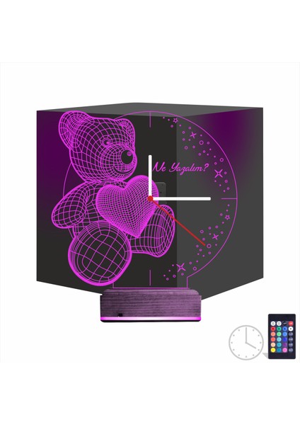 Kirppi 3D Saat Lamba Kalp Ayıcık Kişiye Özel Masa Gece Lambası