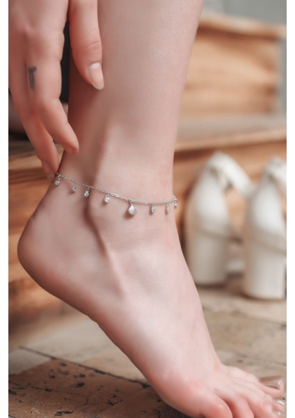 925 Ayar Gümüş Deniz Kabuğu Modeli Minimalist Sallantılı Taşlı Ayak Halhalı