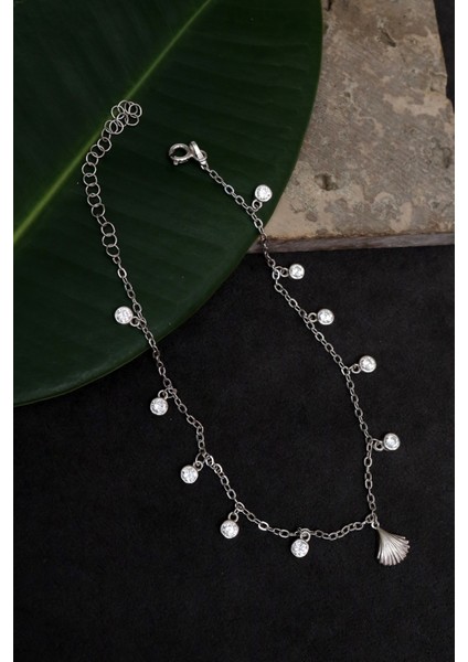 925 Ayar Gümüş Deniz Kabuğu Modeli Minimalist Sallantılı Taşlı Ayak Halhalı fiyatları