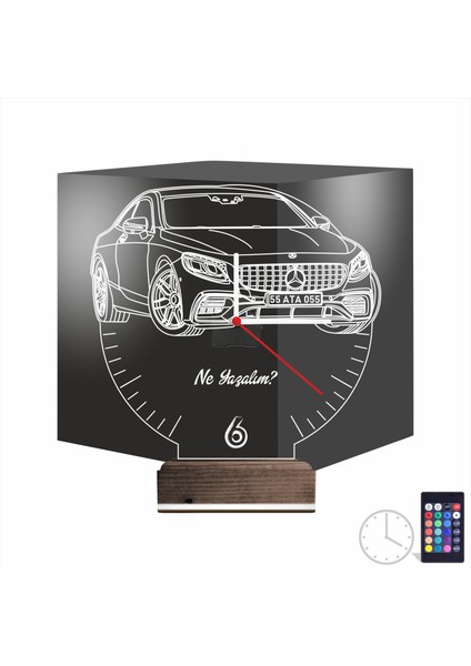 Kirppi 3D Saat Lamba Mercedes Araba Kişiye Özel Masa Gece Lambası