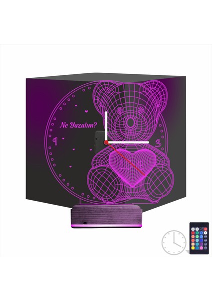 Kirppi 3D Saat Lamba Ayıcık Kalp Tasarım Kişiye Özel Masa Gece Lambası