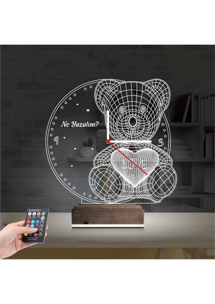 Kirppi 3D Saat Lamba Ayıcık Kalp Tasarım Kişiye Özel Masa Gece Lambası fiyatları