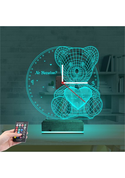 Kirppi 3D Saat Lamba Ayıcık Kalp Tasarım Kişiye Özel Masa Gece Lambası modelleri