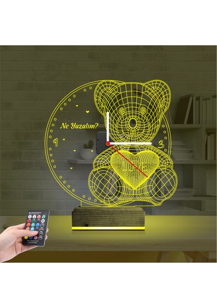 Kirppi 3D Saat Lamba Ayıcık Kalp Tasarım Kişiye Özel Masa Gece Lambası indirimleri