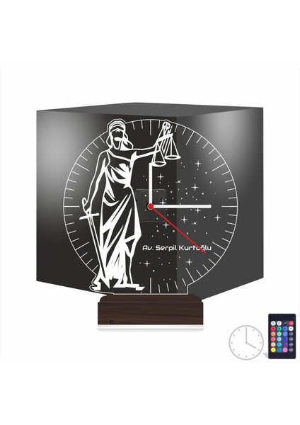 Kirppi 3D Saat Lamba Adalet Kadın Avukat Hediye Terazi Kişiye Özel Masa Gece Lambası