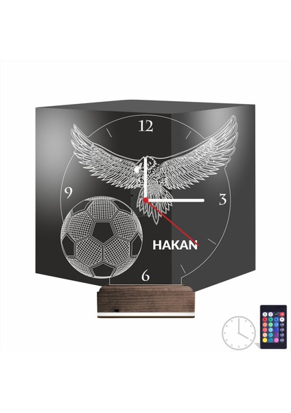 Kirppi 3D Saat Lamba Kara Kartal Futbol Topu Taraftar Kişiye Özel Masa Gece Lambası