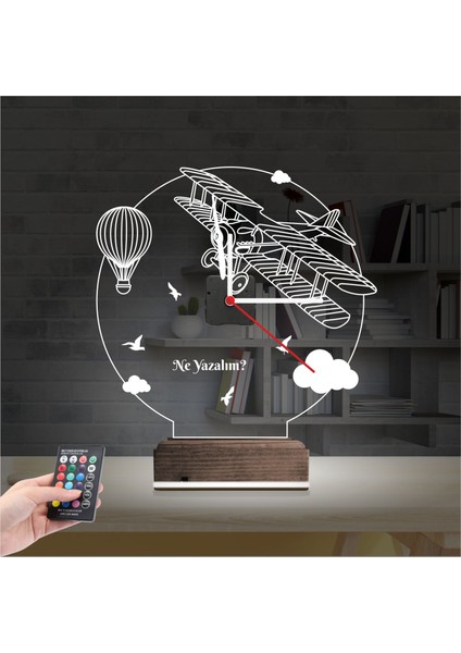 Kirppi 3D Saat Lamba Pırpır Uçak Balon Pilot Kişiye Özel Masa Gece Lambası
