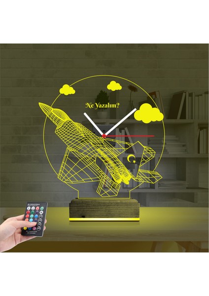 Kirppi 3D Saat Lamba Uçak Pilot F16 Kişiye Özel Masa Gece Lambası