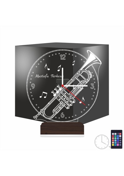 Kirppi 3D Saat Lamba Trompet Enstrüman Müzik Nota Kişiye Özel Masa Gece Lambası