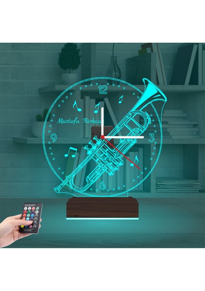Kirppi 3D Saat Lamba Trompet Enstrüman Müzik Nota Kişiye Özel Masa Gece Lambası modelleri